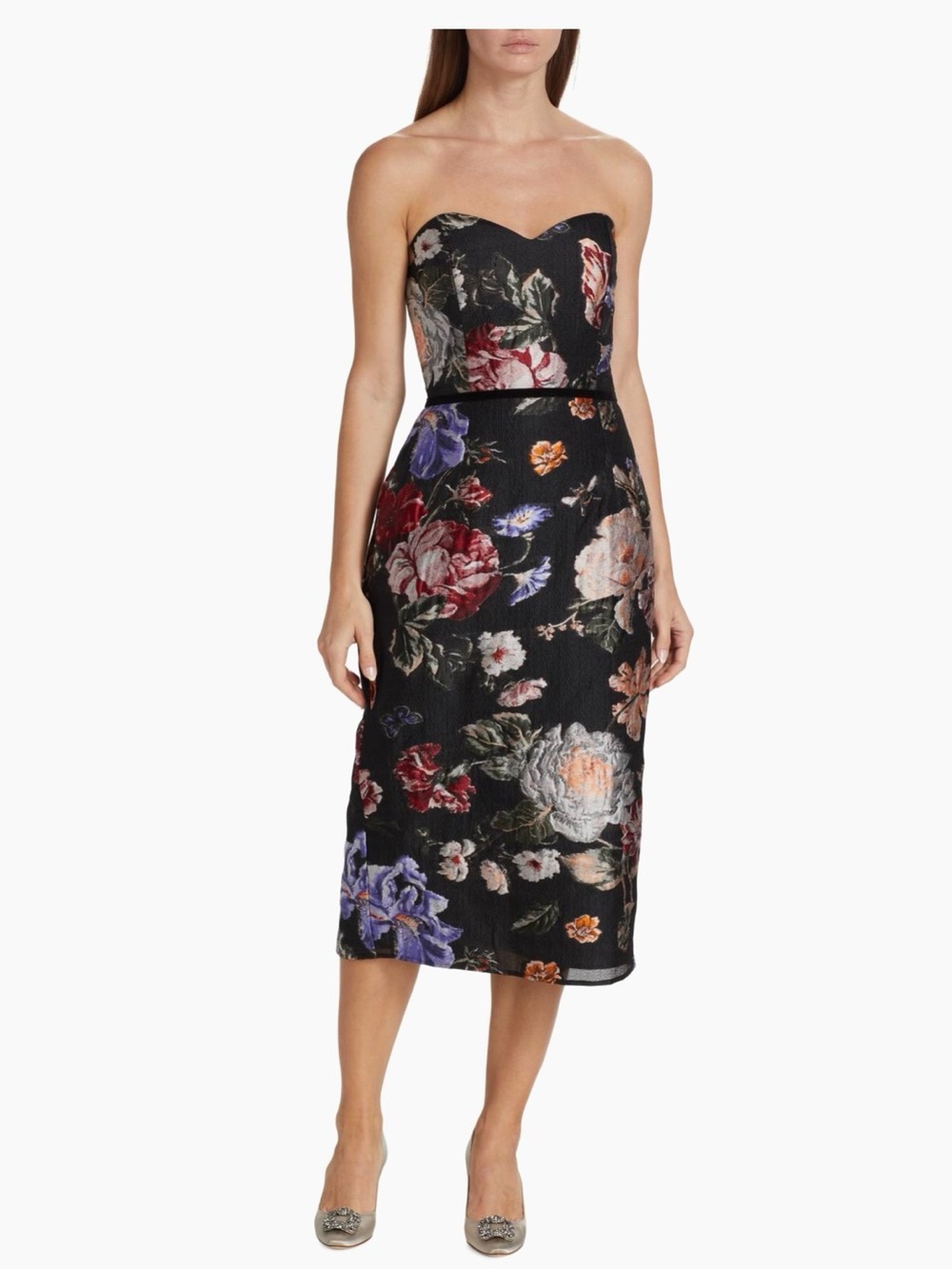 Floral Strapless Midi Dress in Black